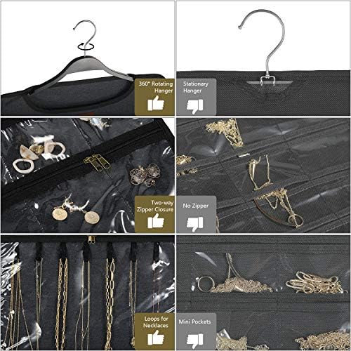 SMRITI Hanging Jewelry Organizer with Dual Zippered Pockets Canvas Double Sided Rotating Hanger Necklace Hanging Wall Organizer Earring Dustproof Holder Wall Mount Accessories Display Bag(Dark Grey) - Image 3