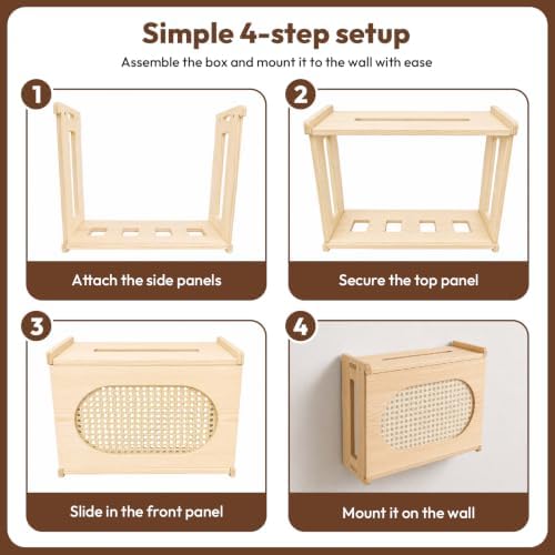 Wooden Wi-Fi Router Box Hider, Rattan Door, Standard Wall Mountable Decorative Modem Shelf, Fits Routers Up to 11" Tall, Power Strip Cable Organizer Rack - Light Wood Grain - Image 5