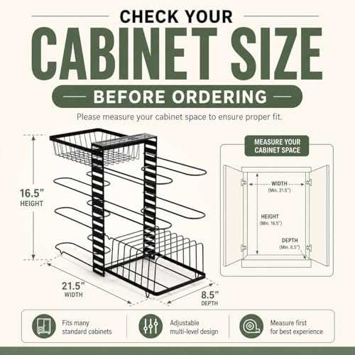 7-Tier Pots and Pans Organizer Under Cabinet - Cooking Pot Lid Organizer for Cabinet with Basket for Utensils, Lid Rack - Adjustable Vertical Holder Cookware Storage, Steel Pot Rack for Kitchen - Image 3