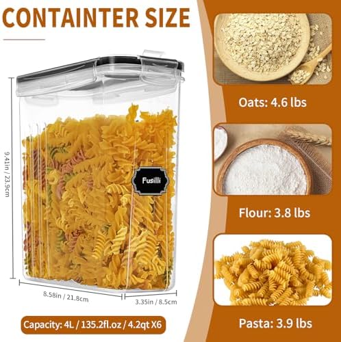 HKJ Chef Cereal Containers Storage Set (4L / 135.2oz), 6PCS Airtight Food Storage Containers with Lids, Cereal Dispensers for kitchen Pantry Organizers and Storage with Pour Spout, 20 Labels, Marker - Image 2