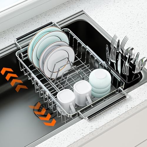 Expandable Dish Drying Rack in Sink,Stainless Steel Over The Sink Dish Drainer Drying Rack for Kitchen Counter,with Utensil Holder,Silver by Dolreiik