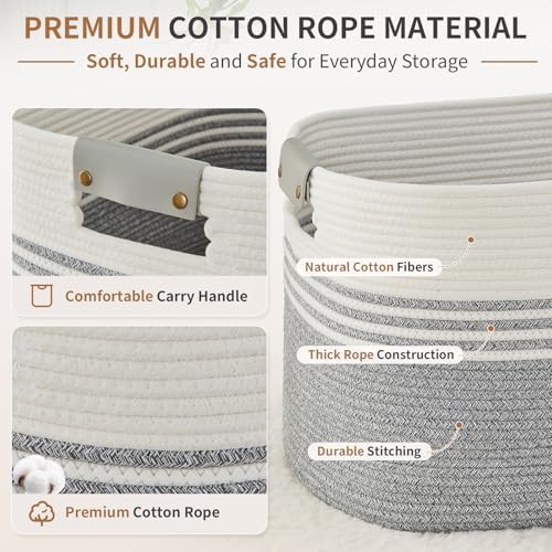 Laundry Hamper with Handles, 72L Rope Laundry Basket, Grey & White - Image 3