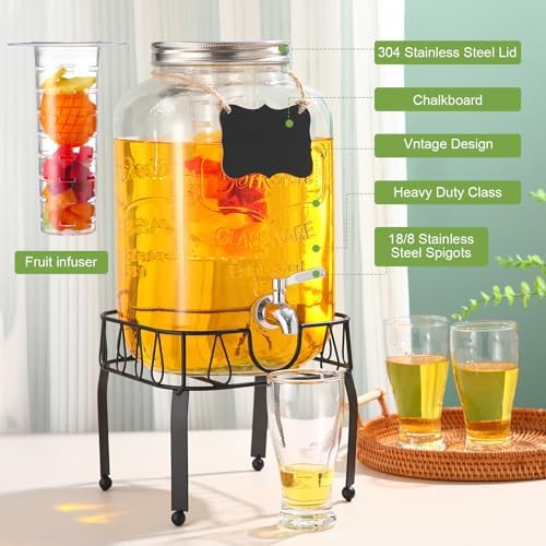 FillTouch 3 Gallon Drink Dispenser with Stand Glass Beverage Dispenser Drink Dispensers with Lid 18/8 Stainless Steel Spigot for Picnics, BBQ, Parties and Daily (Chalkboard Style,Metal Stand) - Image 3