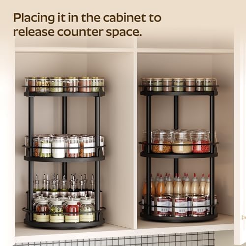 YATINEY 3-Tier Lazy Susan Organizer, Rotating Spice Rack, Spinning Organizer, Industrial Turntable Spice Rack Organizer for Cabinet, Kitchen Countertop, Pantry, Black SR23BK - Image 3