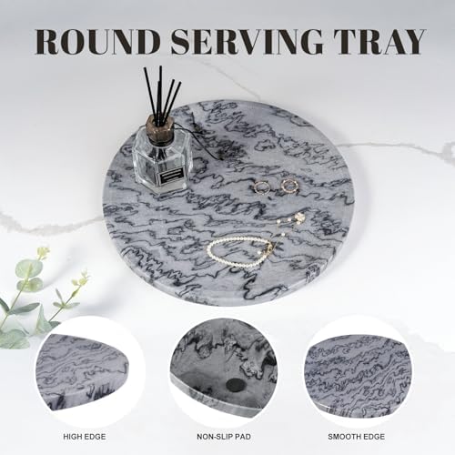 Karibiber Natural Marble Tray, 11.8in Serving Tray for Fruit, Round Decorative Vanity Dish for Jewelry&Key, Quality Storage Plate for Kitchen Coffee Table and Bathroom Desktop, Monte Grigio - Image 2