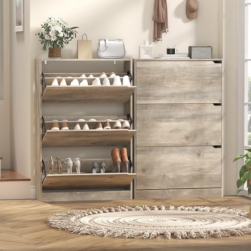 Wodeer Narrow Shoe Cabinet for Entryway, Slim Shoe Storage Cabinet with 3 Flip Drawers, Hidden Wood Shoe Cabinet Storage, Freestanding Shoe Rack Organizer Foyer, Hallway, Grey - Image 3