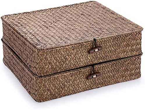Hipiwe 2 Packs FLat Woven Wicker Basket Bin with Lid, Large Seagrass Baskes by Hipiwe