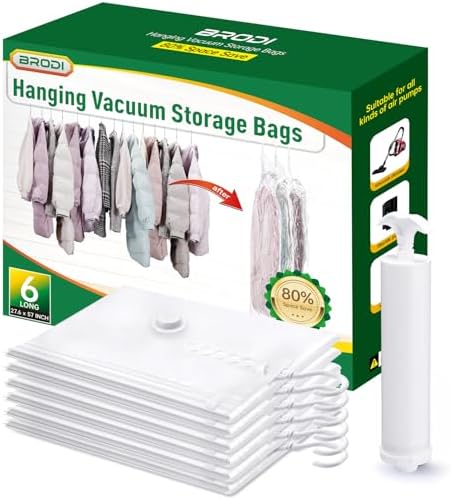 Hanging Vacuum Storage Bags For Clothes With Hand Pump,Coat Storage Bag Hanging,Vacuum Bags For Clothes,Space Saver Vacuum Storage Bags,Garment, Clothing, Dress, Suit, Long Coat, Jacket(Long 6 Pack） by BRODI