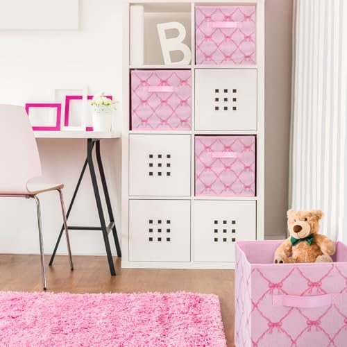 Geelin 6 Pcs Pink Bow Cube Storage Bins 11 Inch Storage Basket with Handle - Image 5