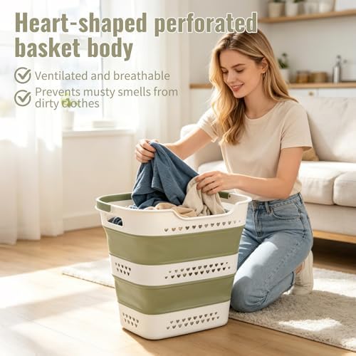 2 Pcs Collapsible Laundry Baskets for Clothes, 43L Plastic Laundry Hamper for Dorm Bedroom, Space Saving Pop-Up Laundry Hamper Container, Durable Foldable Laundry Basket with Handles (Matcha-Green) - Image 6