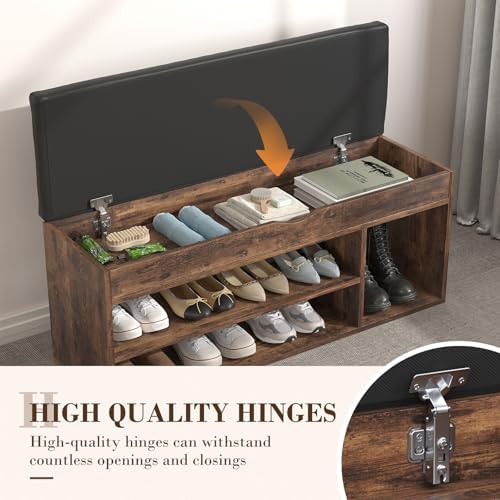 Apicizon 39 Inches Storage Bench with Padded Cushion, Shoe Bench with Storage Space, Upholstered Entryway Bench for Living Room, 2-Tier Shoe Rack Organizer, Brown - Image 4