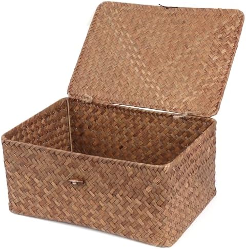 FEIALNDUO Wicker Shelf Baskets with Lid,Seagrass Storage Basket Bins Rectangular Handwoven Basket Boxes for Shelves Desktop Home Organizer (Coffee, Large) by FEILANDUO