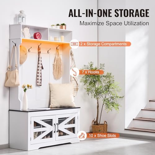 VEVOR Hall Tree Entryway Bench, LED Coat Rack with Shoe Storage, 42" Wide Mudroom Bench with Storage and Seating, Adjustable Shelves and 7 Hanging Hooks, for Mudroom, Entryway, Hallway - Image 5