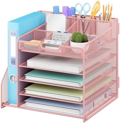 Lavatino Desk Organizer, 5-Tier Metal Mesh Paper Letter Tray with File Holder & 7 Flexible Dividers for Office or Home Desk Organizers and Accessories, Keep Workspace Supplies Neat & Organized, Pink by Lavatino