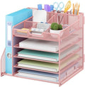 Lavatino Desk Organizer, 5-Tier Metal Mesh Paper Letter Tray with File Holder & 7 Flexible Dividers for Office or Home Desk Organizers and Accessories, Keep Workspace Supplies Neat & Organized, Pink by Lavatino