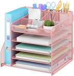 Lavatino Desk Organizer, 5-Tier Metal Mesh Paper Letter Tray with File Holder & 7 Flexible Dividers for Office or Home Desk Organizers and Accessories, Keep Workspace Supplies Neat & Organized, Pink by Lavatino