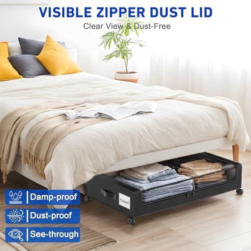 Beborxue Under Bed Storage with Wheels, 4-Pack UnderBed Storage Containers with Clear Lids, XXL 60L Under the Bed Storage Organizer Bins, Rolling Under Bed Metal Drawer for Clothes,Shoes,Toys (Black) - Image 6