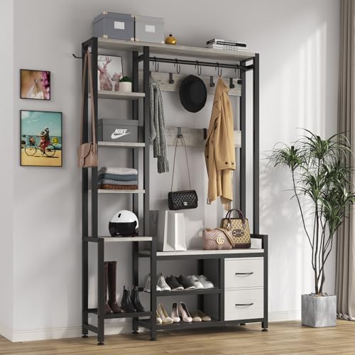 Hall Tree for Entryway 43", Bench with Shoe Storage, Large Coat Rack Shoe Bench with 5 Tier Shelves, 5 in 1 Design Front Door Shoe Rack and Wall Rack Hooks, and 2 Drawers (Rustic White) by Unknown