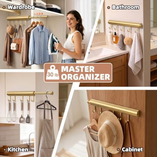 Valet Rod for Closet Pull Out 12 Inch with 5 Hooks - Gold 1 Pack - Image 6