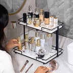 2 Tier Bathroom Cabinet Countertop Organizer Perfume Lipstick Makeup Organizer Cosmetics Storage Display Rack Vanity Tray Metal Dresser Storage Shelf White Marble Ceramic Tray Black - Image 6