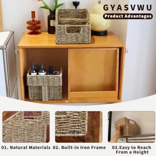 GYASVWU Seagrass Pantry Baskets for Organizing, Wicker Storage Baskets for High Shelves with Handles, Rattan Baskets for Home, Cabinet, Farmhouse, 2 Pack (Seagrass Color) - Image 2