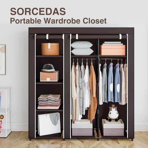 SORCEDAS Portable Closet Wardrobe with Hanging Rods Shelves Clothes Storage - Image 5