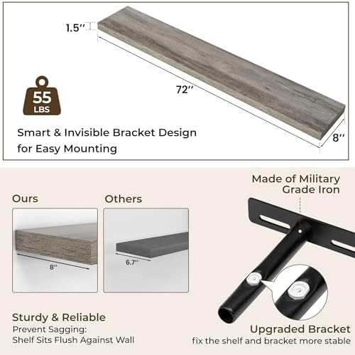 RICHFOCUS 72Inch Floating Shelves for Wall 2Pack, Grey, 8" Deep - Image 4