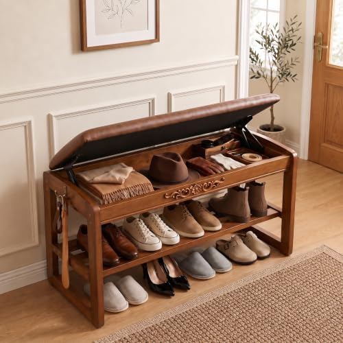 Solid Wood Shoe Rack Bench with Flip-Top Storage Padded Leather Seat 31.5'' by Drogenble