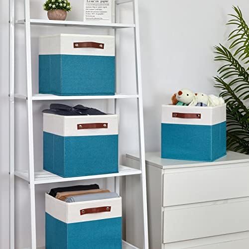 Temary Storage Cube Bins 11 Cube Storage Bins Storage Baskets for Closet, Shelves 4 Pack Fabric Organizer Bins with Leather Handles(White&Teal) - Image 6