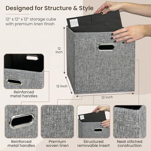 12x12 Gray Fabric Storage Cubes, 4 Pack – Foldable Linen-Look Cube Organizer Bins with Handles, Collapsible Cubby Baskets for Closet, Shelves, Nursery, Dorm Room & Kallax-Style Storage - Image 3