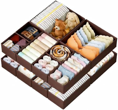 DIMJ Drawer Organizer Clothes, 12 Pack Underwear Organizer, Foldable Closet Organizers, Sock Organizer Bra Organizer, Fabric Dresser Organizer for Clothes, Bra, Socks, Tie (Brown) by DiMJ