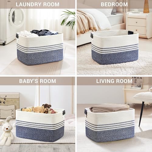 100L Woven Laundry Basket Hamper with Leather Handles,Denim Blue - Image 4
