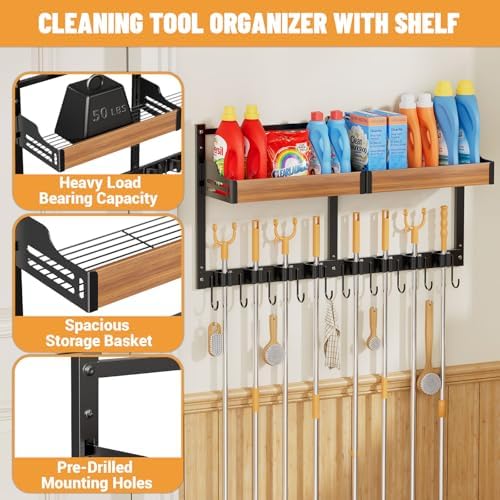 Broom Holder Wall Mount, Broom and Mop Organizer Wall Hanging, Black, 2 pcs - Image 4