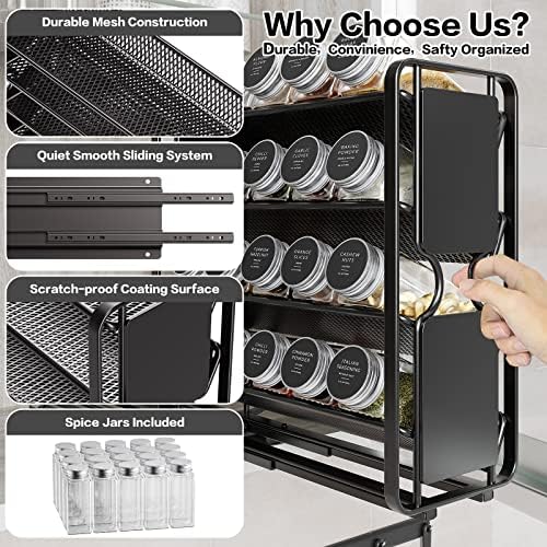 Spice Rack Organizer Drawer Cabinet: Pull Out Spice Seasoning Organization with 20 Jars - Facing Left or Right with Labels and Chalk Maker 4 Tier Slide Out Kitchen Storage for Countertop Wall Mount - Image 4