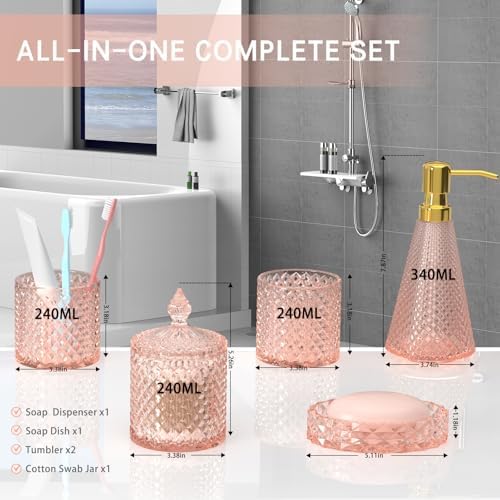 Pink Glass Bathroom Accessories Set 5 Pcs, Pink Bathroom Set, Soap Dispenser and Toothbrush Holder Set, Qtip Holder Set, Vintage Bathroom Sink Set, Cute Bathroom Decor - Image 6