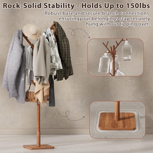 Solid Wood Coat Rack - Freestanding Coat Hat Rack Stand with 14 Hooks, Clothes Rack Heavy Duty Space Saving Entryway Coat Tree Hanger Rack for Coats Jackets Hats Bags, Adjustable Height - Image 4