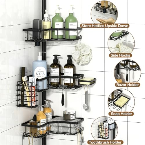 DTUQYX Corner Shower Caddy Tension Pole, 4-Tier Adjustable 43.5-120 Inch Rustproof Bathroom Organizer, L-Shaped Metal Shelf with Soap Toothbrush Holder & Upside-Down Bottle Slots for Home Apartment RV - Image 2