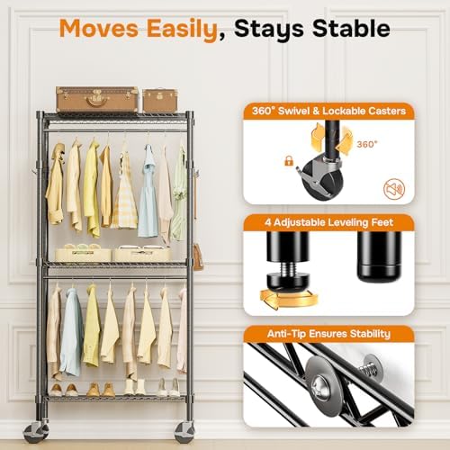 Simple Deluxe Rolling Clothes Rack, Heavy Duty Clothing Rack, 3-Shelf Portable Adjustable Wardrobe Closet with Wheels, Hanging Rods & Side Hooks, 29.5" W x 15.7" D x 75.6" H, Black - Image 4