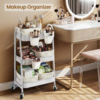 3-Tier Rolling Utility Cart with 4 Woven Baskets, Diaper Book Snack Cart, Storage Organizer for Nursery, Kitchen, Craft Room, Home SPA, Living Room, Metal Frame Trolley on Lockable Wheels, White - Image 6