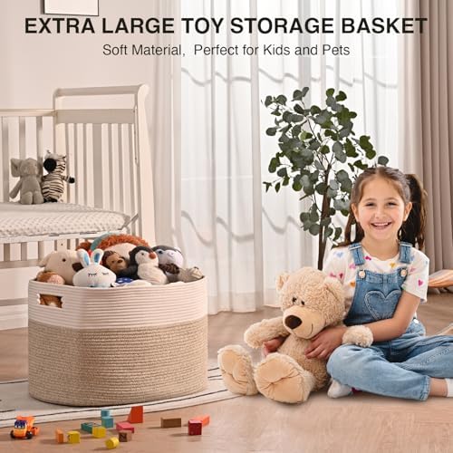 ICERZCZ Extra Large Blanket Basket for Living Room, Rectangle Woven Cotton Rope Storage for Blankets, Toys, Clothes, Shoes, 25”x16”x16”, Off White & Brown, 108L - Image 5