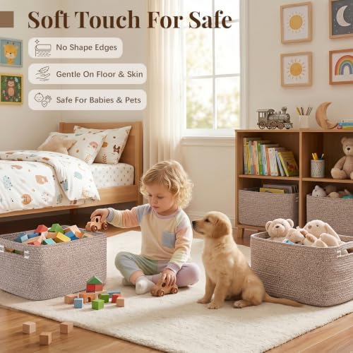 OIASKET 4Packs Natural Cotton Rope Storage Baskets for Organizing Toys, Clothes, Towels & Books, Soft Versatile Organizers for Shelves, Home Decorative Bins, 15.7''Lx11.8''Wx7.8''H, Linen Brown - Image 4