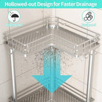 HapiRm Standing Corner Shower Caddy - 3 Tier Shower Shelf Corner with Soap Holder, Rustproof Bathroom Standing Organizer with 4 Hooks, Silver - Image 3