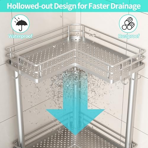 HapiRm Standing Corner Shower Caddy - 3 Tier Shower Shelf Corner with Soap Holder, Rustproof Bathroom Standing Organizer with 4 Hooks, Silver - Image 3