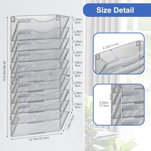 EasyPAG Wall File Organizer for Office 10 Pocket Mesh Wall Mounted Paper Organizer Hanging Folder Holder with Nametag Label for Home School, Silver - Image 2