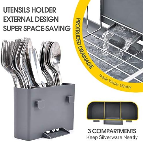 TOOLF Dish Rack, Large Capacity, Dish Drying Rack with Cutlery Holder, Removable Drip Tray, Cup Holder, Compact Kitchen Drainers for Countertop, Grey - Image 4