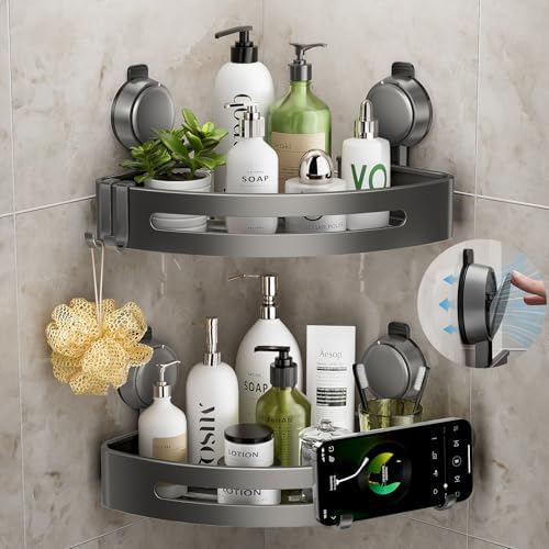 Corner Shower Caddy Suction Cup,Shower Shelves with Hooks,No Drilling Powerful Upgrade Suction Bathroom Corner Organizers and Storage,Removable Waterproof Rustproof Shower Shelf Bathroom Decor by ONXEBornforqualityNeverWasteYourMoney