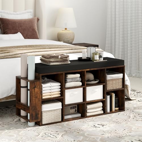 GIANTEX Shoe Storage Bench with Umbrella Stand, 10-Cubby Entryway Shoe Rack Organizer with Padded Seat, Adjustable & Removable Shelves for Hallway, Living Room & Bedroom (Rustic Brown) - Image 3