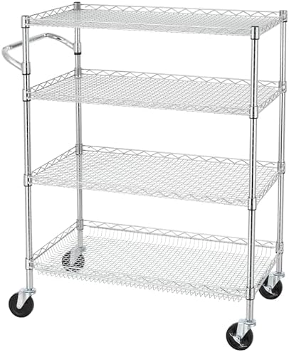 Finnhomy 4 Tier Heavy Duty Commercial Grade Rolling Cart with Handle Bar, Metal Wire Utility Cart with Wheels, Kitchen Service Trolley on Wheels, Shelf Size 18" D x 36" W, NSF, Chrome by Finnhomy