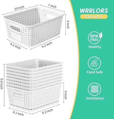 8 Pack Plastic Storage Baskets,White Stackable Bins with Lid - Image 3