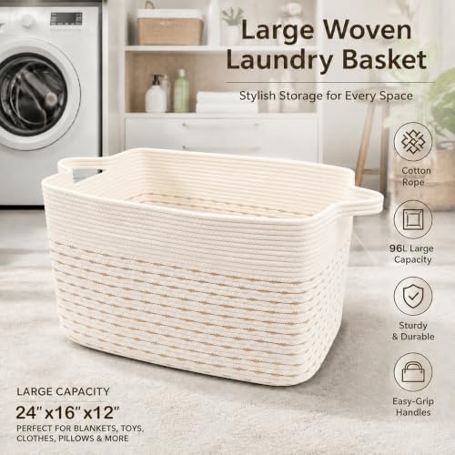 96L Woven Laundry Basket with Handles, Extra Blanket Basket,Yellow - Image 5